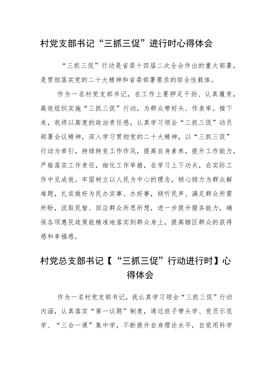 村党支部书记“三抓三促”进行时心得体会(通用三篇).docx_第1页