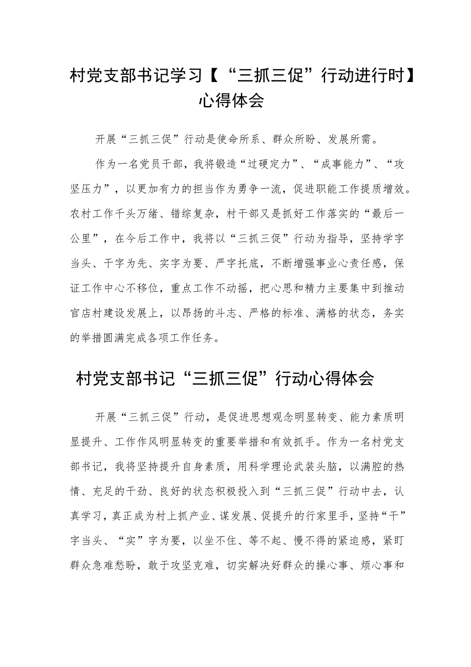 村党支部书记学习【“三抓三促”行动进行时】心得体会范文(通用三篇).docx_第1页