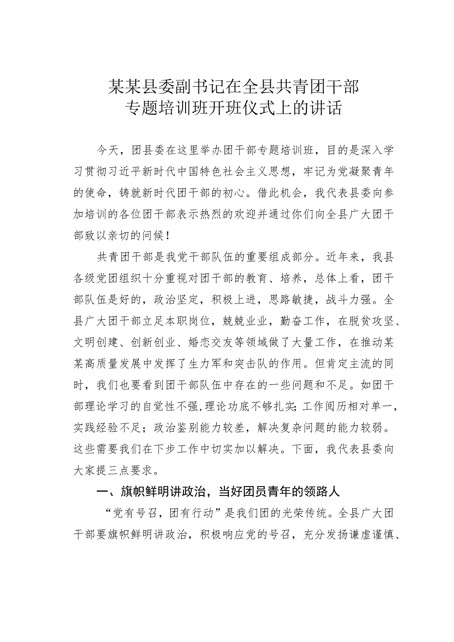 某某县委副书记在全县共青团干部专题培训班开班仪式上的讲话.docx_第1页