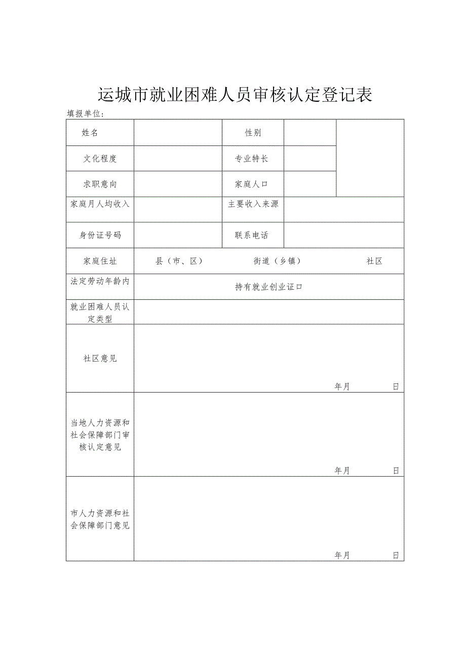 运城市就业困难人员审核认定登记表.docx_第1页