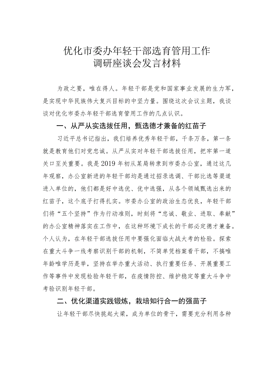 优化市委办年轻干部选育管用工作调研座谈会发言材料.docx_第1页