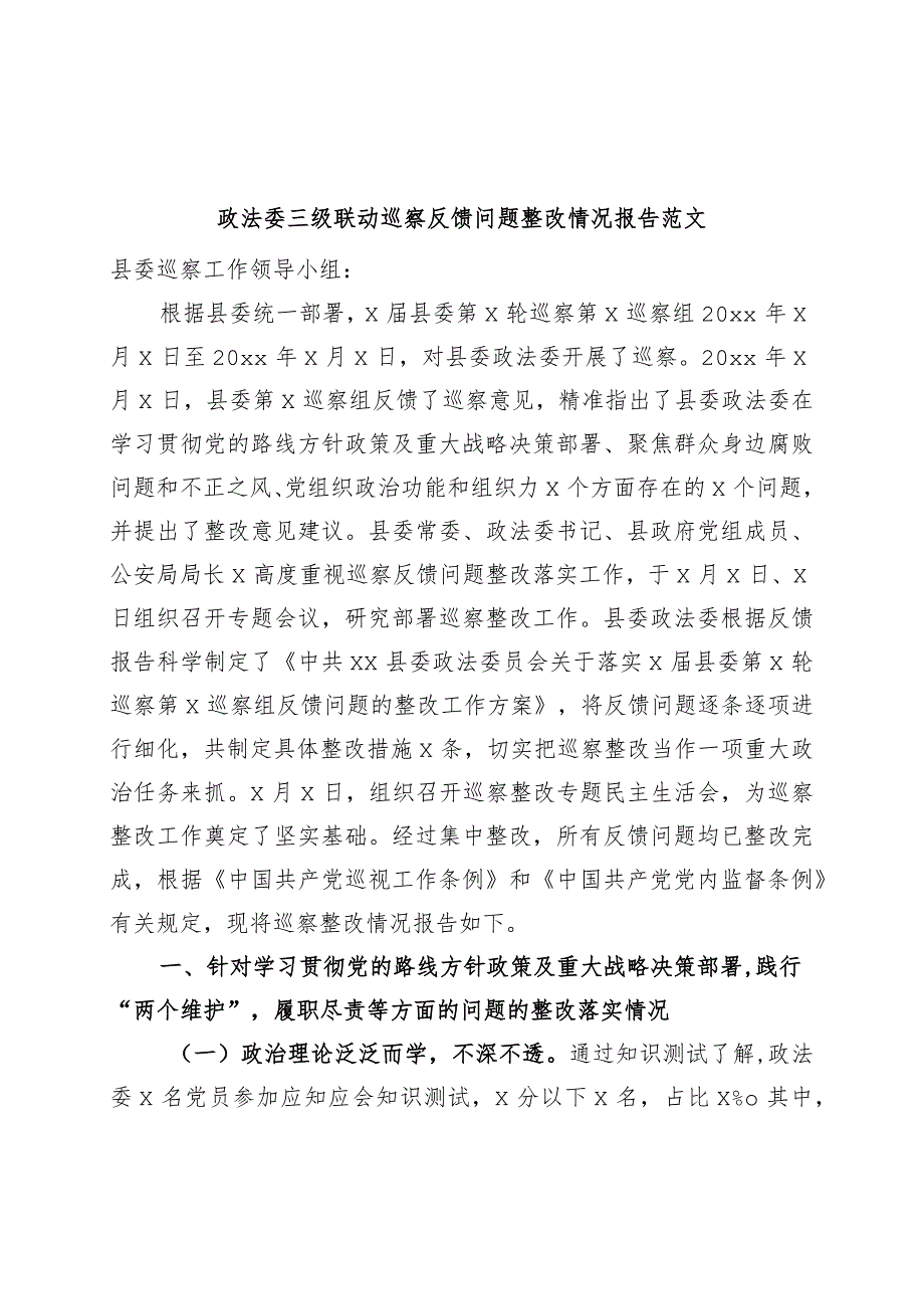 政法委三级联动巡察反馈问题整改报告工作汇报总结.docx_第1页