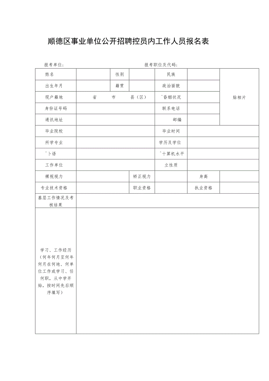 顺德区事业单位公开招聘控员内工作人员报名表.docx_第1页