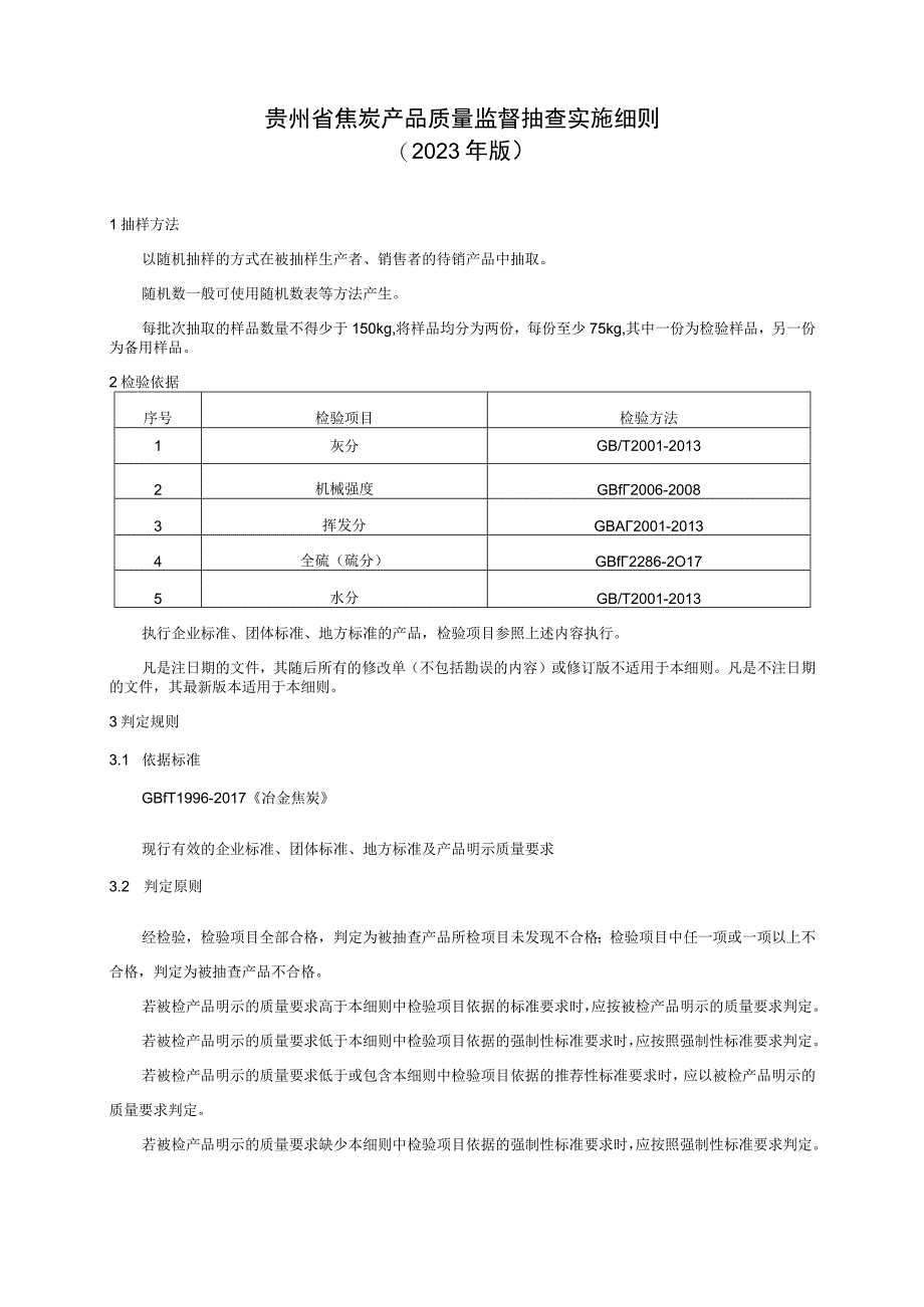 贵州省焦炭产品质量监督抽查实施细则（2023年版）.docx_第1页