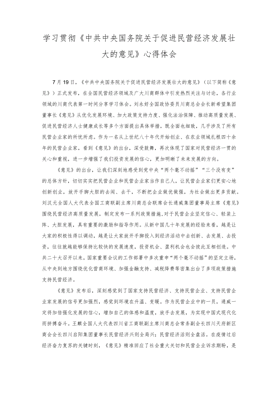 学习《中共中央国务院关于促进民营经济发展壮大的意见》心得体会.docx_第1页