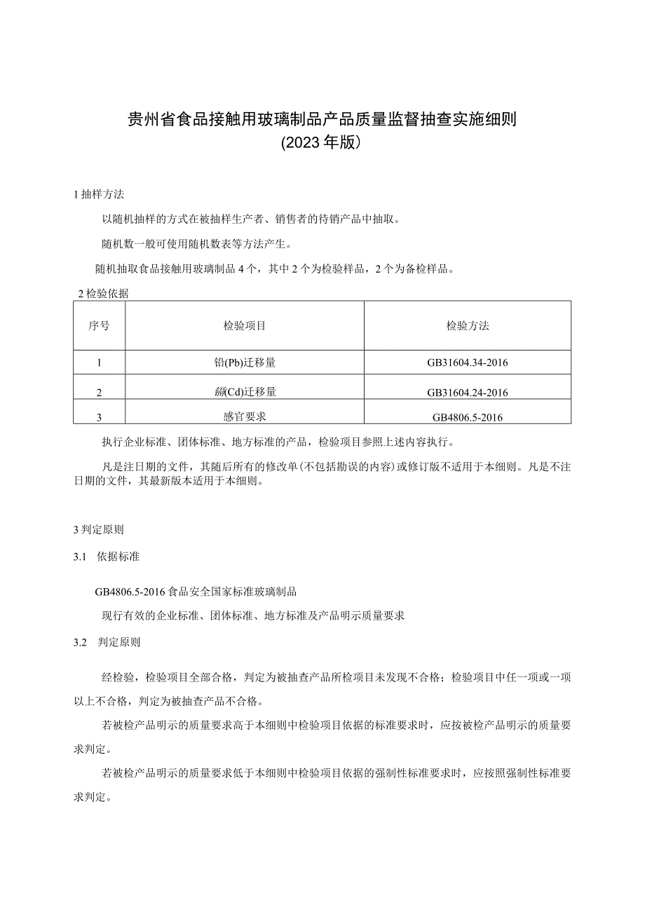 贵州省食品接触用玻璃产品质量监督抽查实施细则（2023年版）.docx_第1页