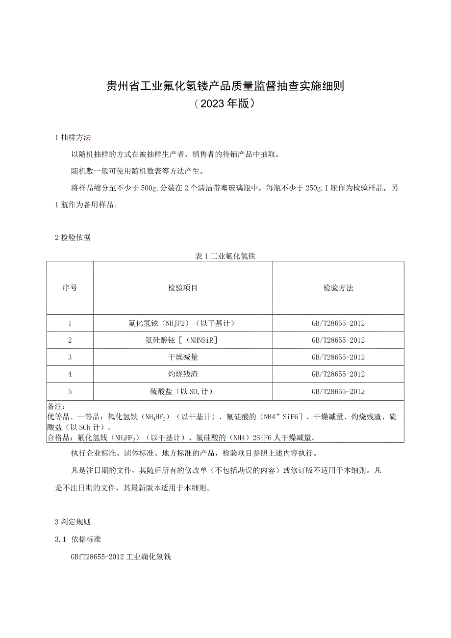 贵州省工业氟化氢铵产品质量监督抽查实施细则（2023年版）.docx_第1页