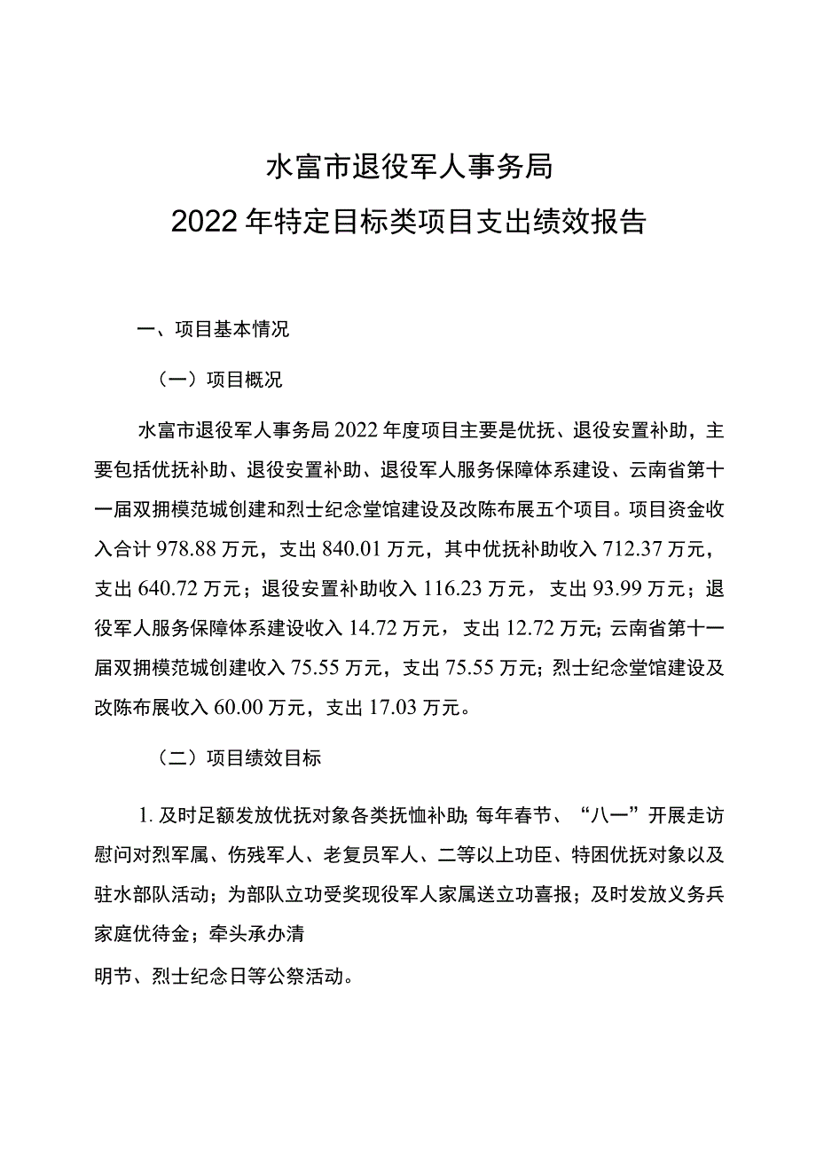 水富市退役军人事务局2022年特定目标类项目支出绩效报告.docx_第1页