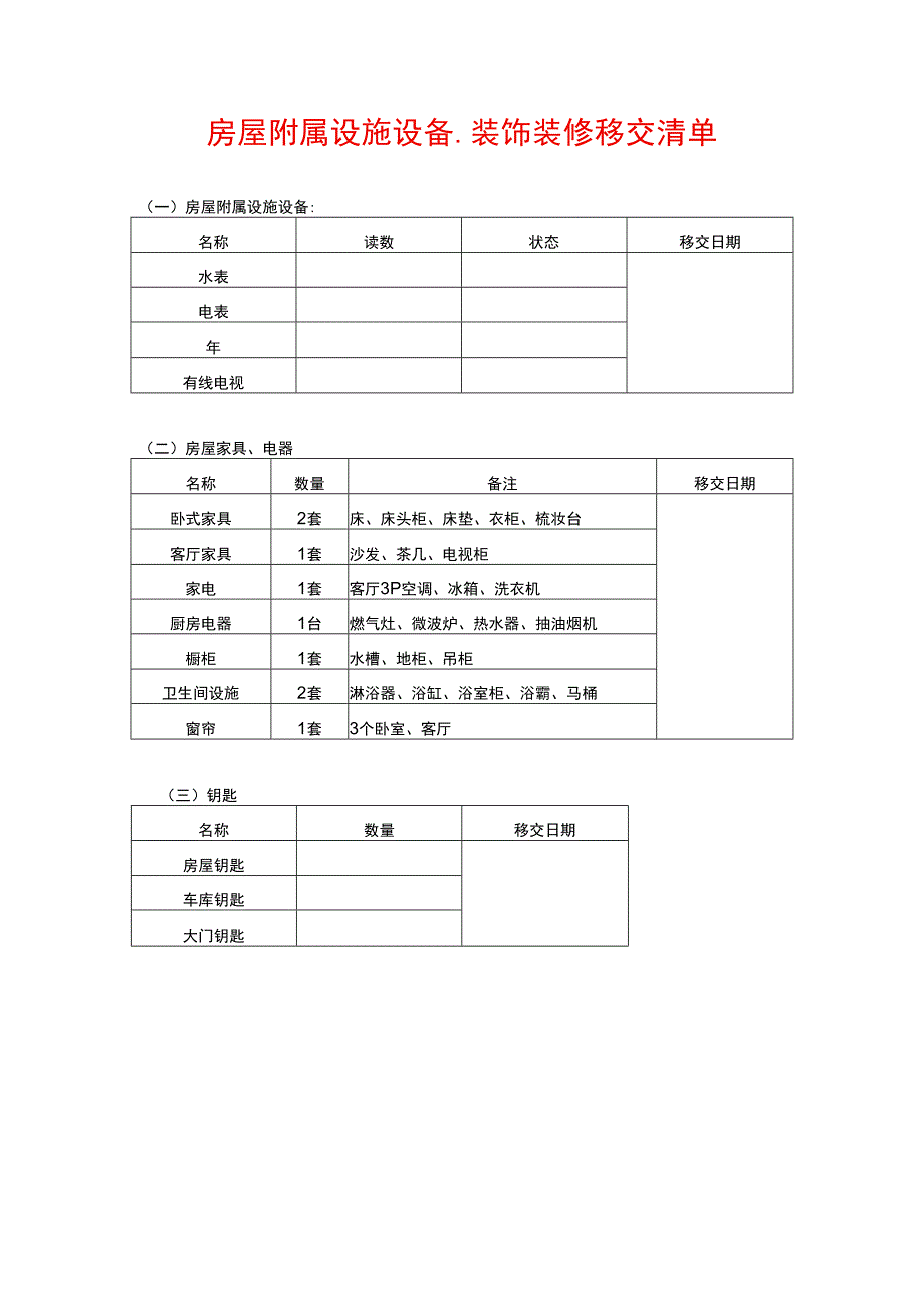 房屋附属设施设备、装饰装修移交清单.docx_第1页