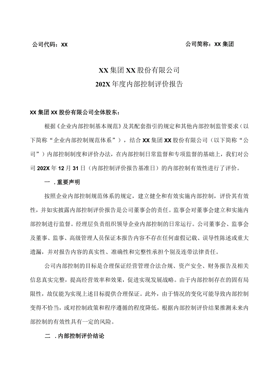 XX集团XX股份有限公司202X年度内部控制评价报告.docx_第1页