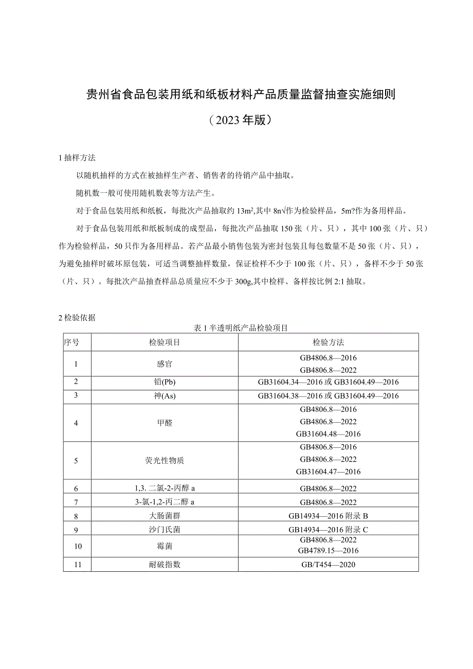 贵州省食品包装用纸和纸板材料产品质量监督抽查实施细则（2023年版）.docx_第1页