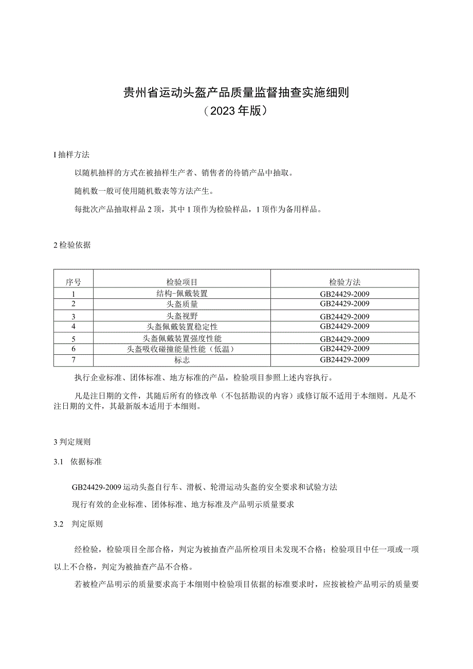 贵州省运动头盔产品质量监督抽查实施细则（2023年版）.docx_第1页