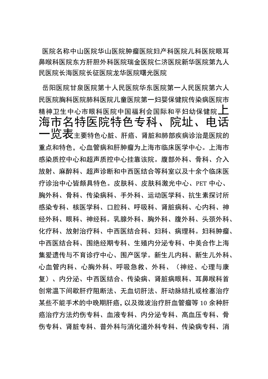 上海市名特医院特色专科院址电话一览表.docx_第1页