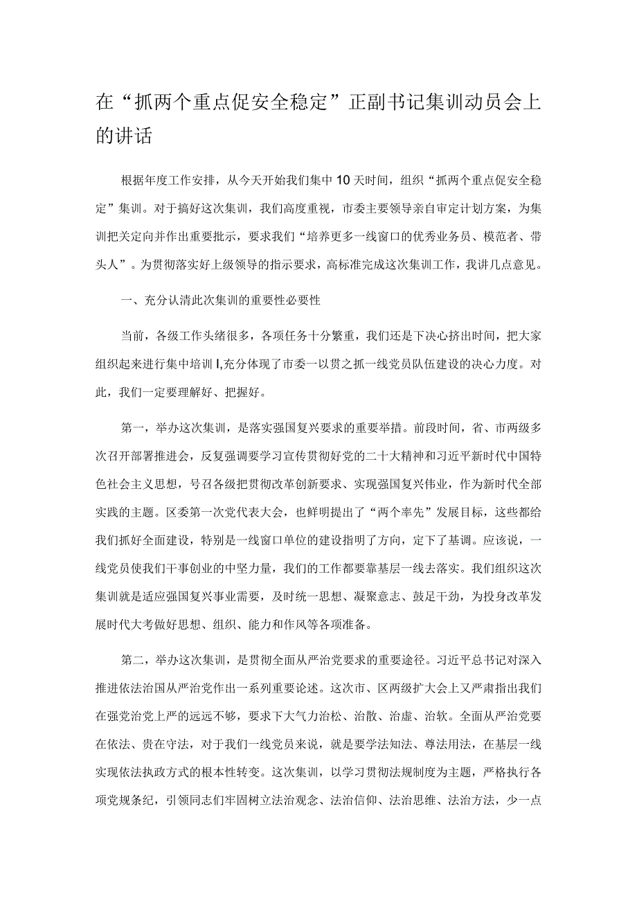 在“抓两个重点促安全稳定”正副书记集训动员会上的讲话.docx_第1页