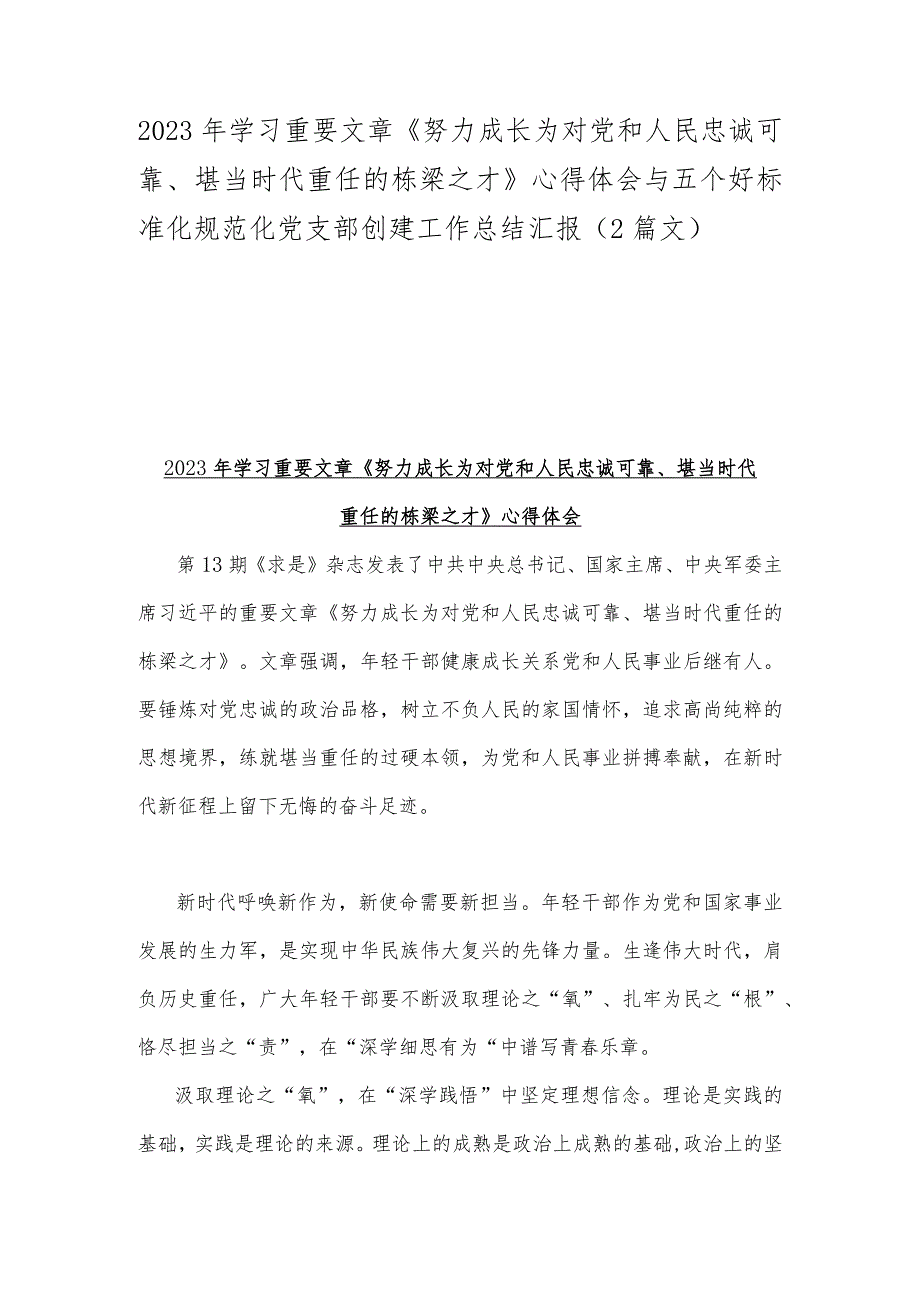 2023年学习重要文章《努力成长为对党和人民忠诚可靠、堪当时代重任的栋梁之才》心得体会与五个好标准化规范化党支部创建工作总结汇报（2篇文）.docx_第1页