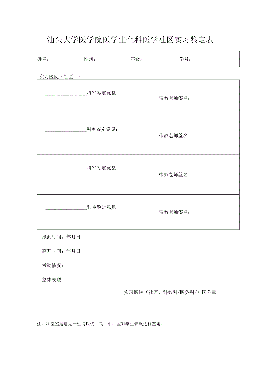 汕头大学医学院医学生全科医学社区实习鉴定表.docx_第1页