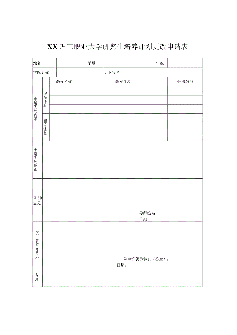 XX理工职业大学研究生培养计划更改申请表.docx_第1页