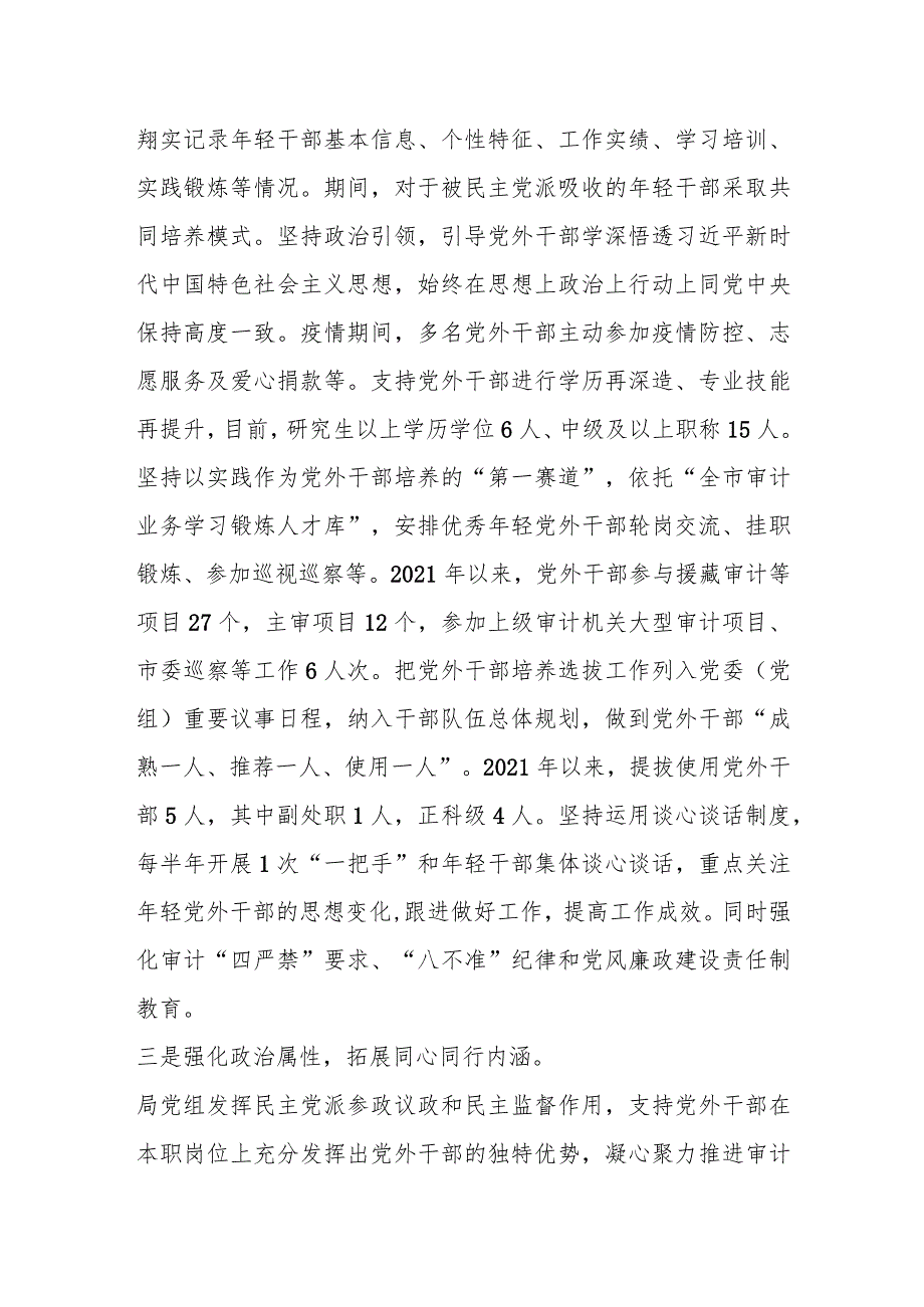 XX市所辖审计局在党外干部队伍建设工作专题会上作交流发言.docx_第2页