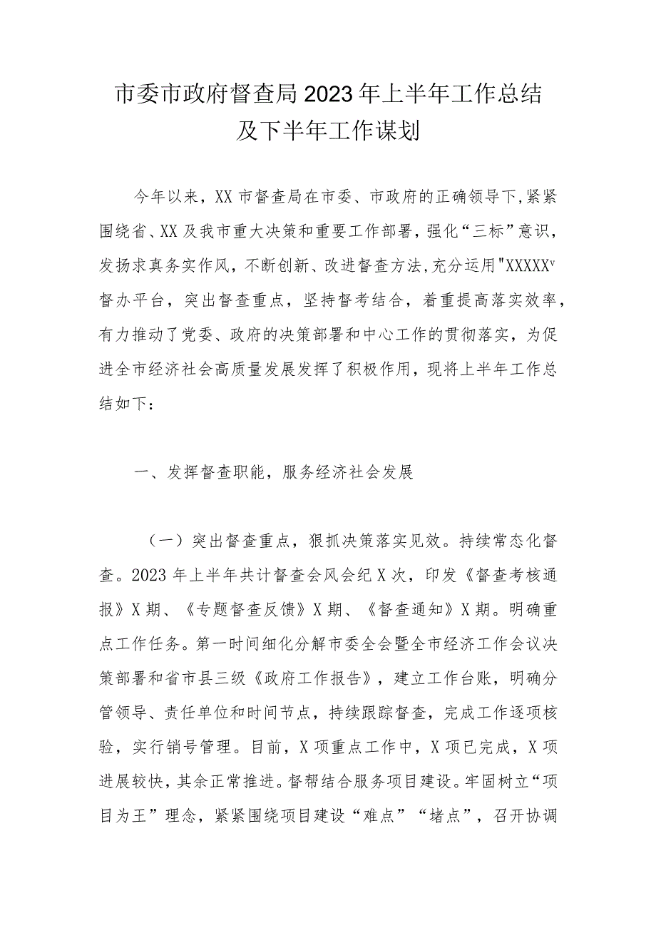 市委市政府督查局2023年上半年工作总结及下半年工作谋划.docx_第1页