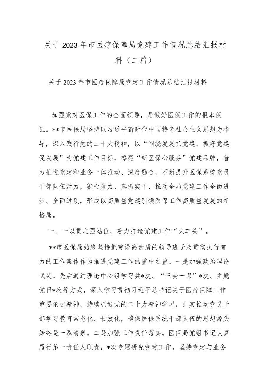 关于2023年市医疗保障局党建工作情况总结汇报材料(二篇).docx_第1页