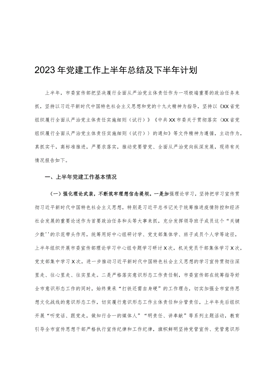 2023年党建工作上半年总结及下半年计划.docx_第1页