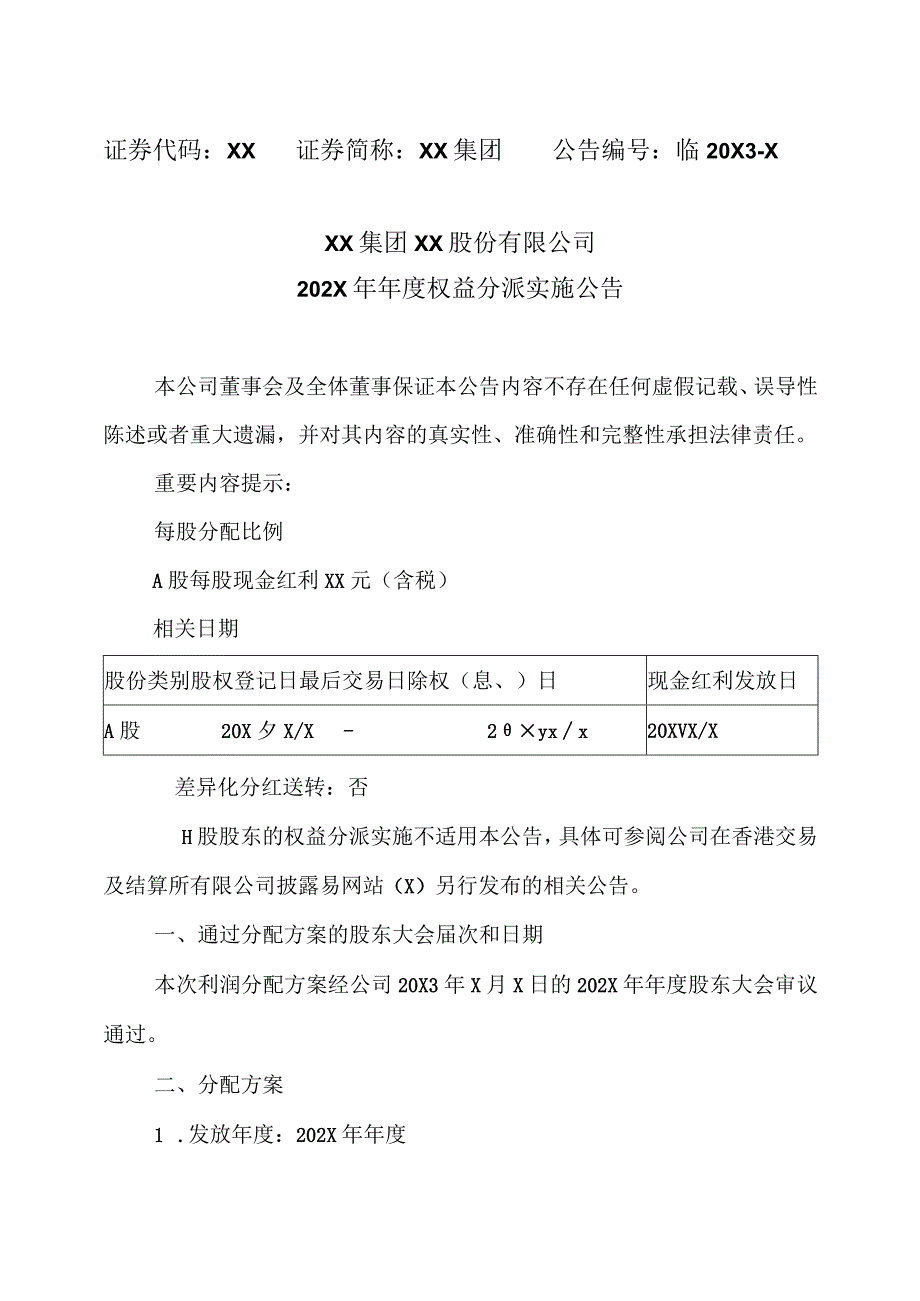 XX集团XX股份有限公司202X年年度权益分派实施公告.docx_第1页