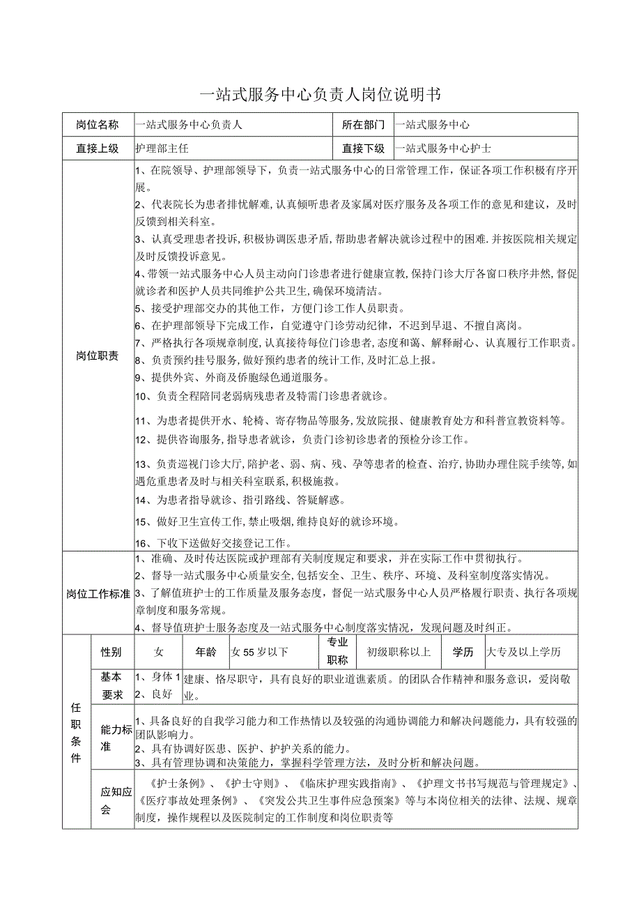 一站式服务中心负责人岗位说明书.docx_第1页