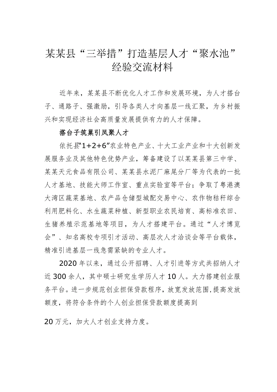 某某县“三举措”打造基层人才“聚水池”经验交流材料.docx_第1页