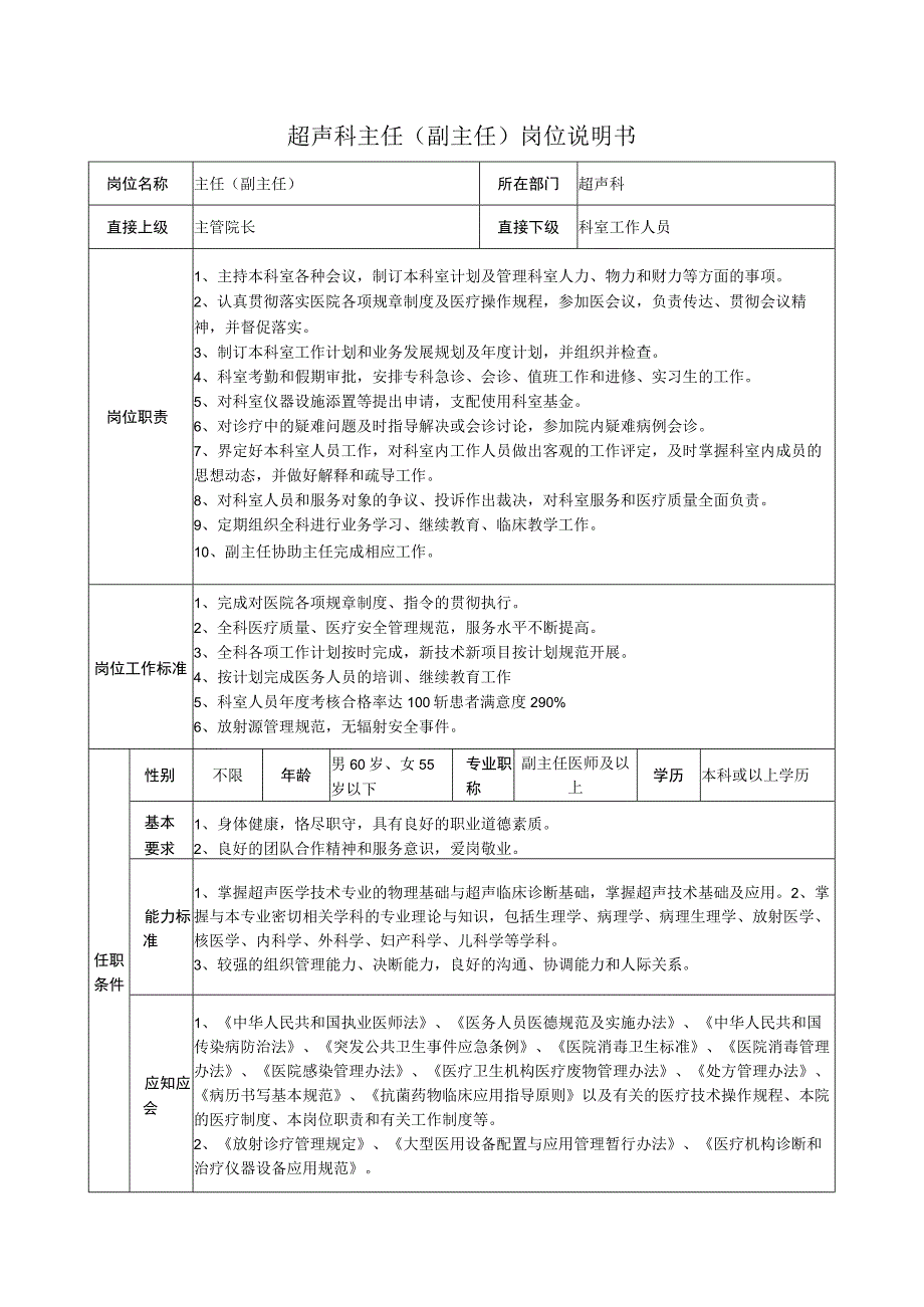 超声科主任（副主任）岗位说明书.docx_第1页