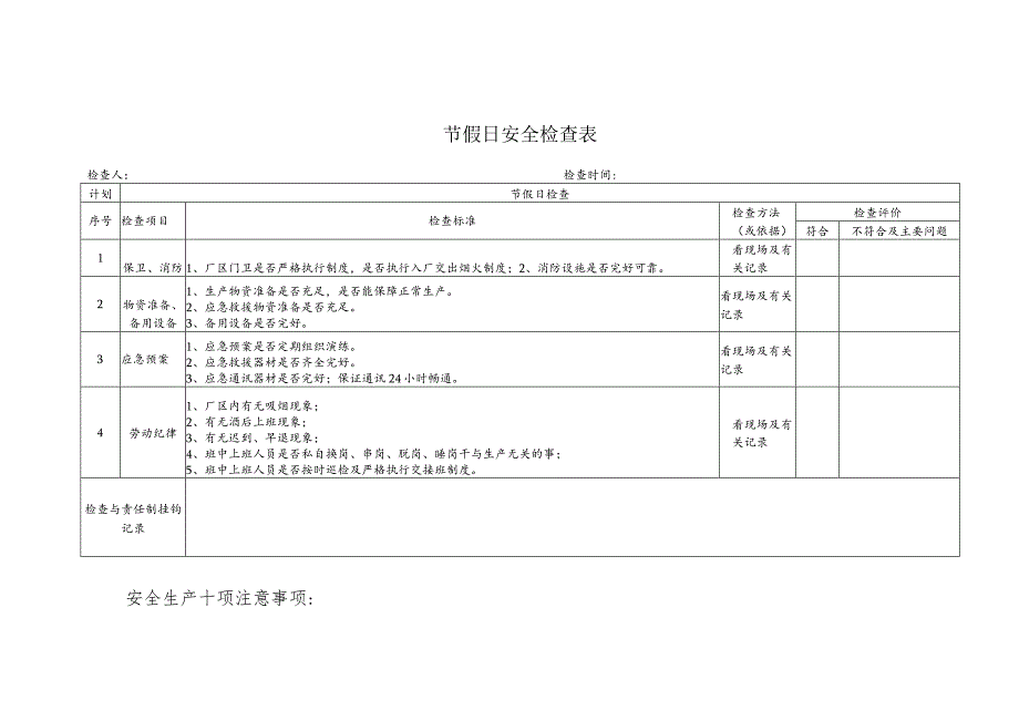 节假日安全检查表.docx_第1页