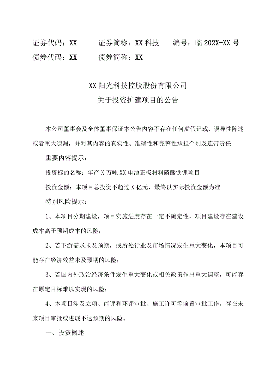 XX阳光科技控股股份有限公司关于投资扩建项目的公告.docx_第1页