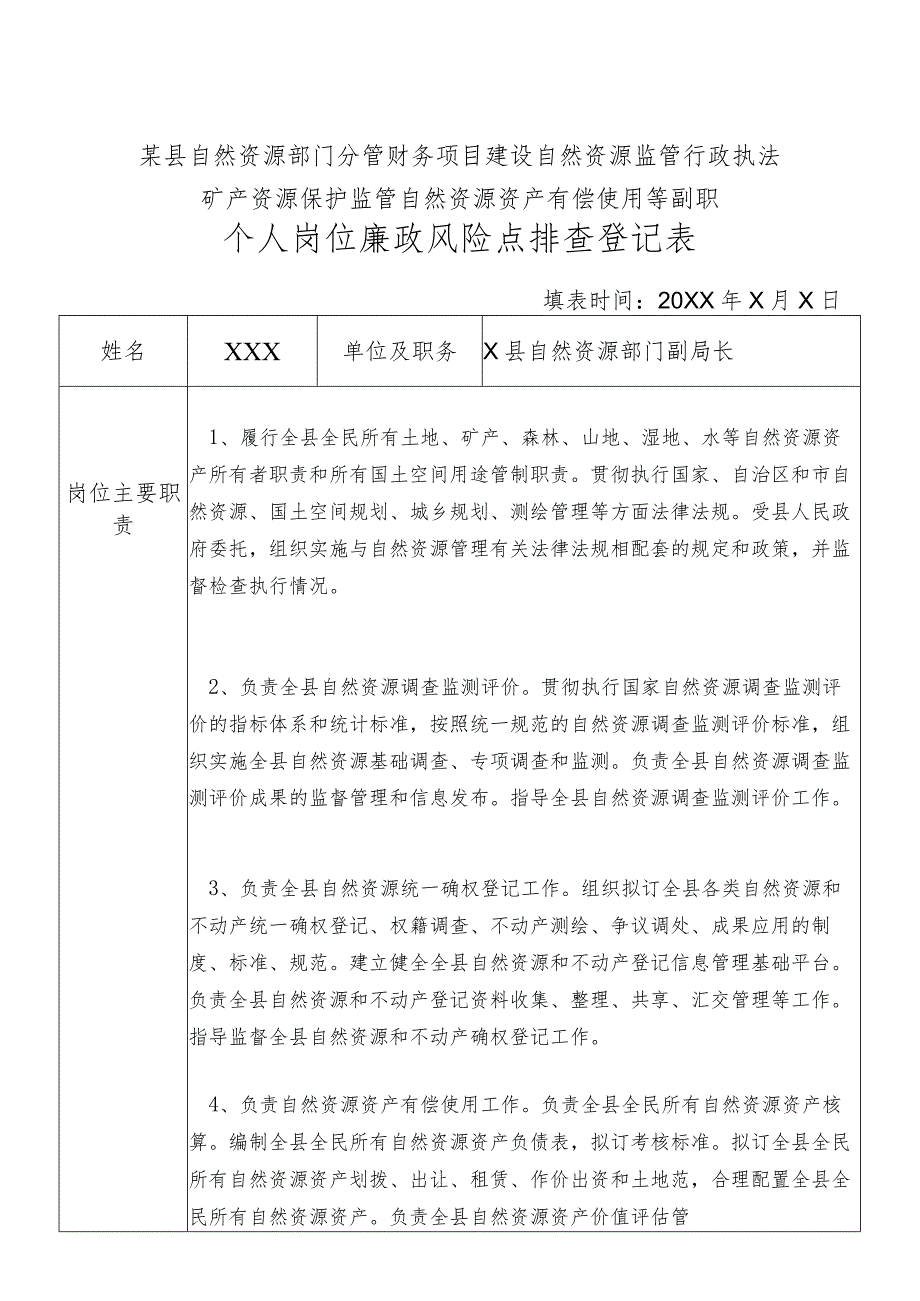 某县自然资源部门分管财务项目建设自然资源监管行政执法矿产资源保护监管自然资源资产有偿使用等副职个人岗位廉政风险点排查登记表.docx_第1页