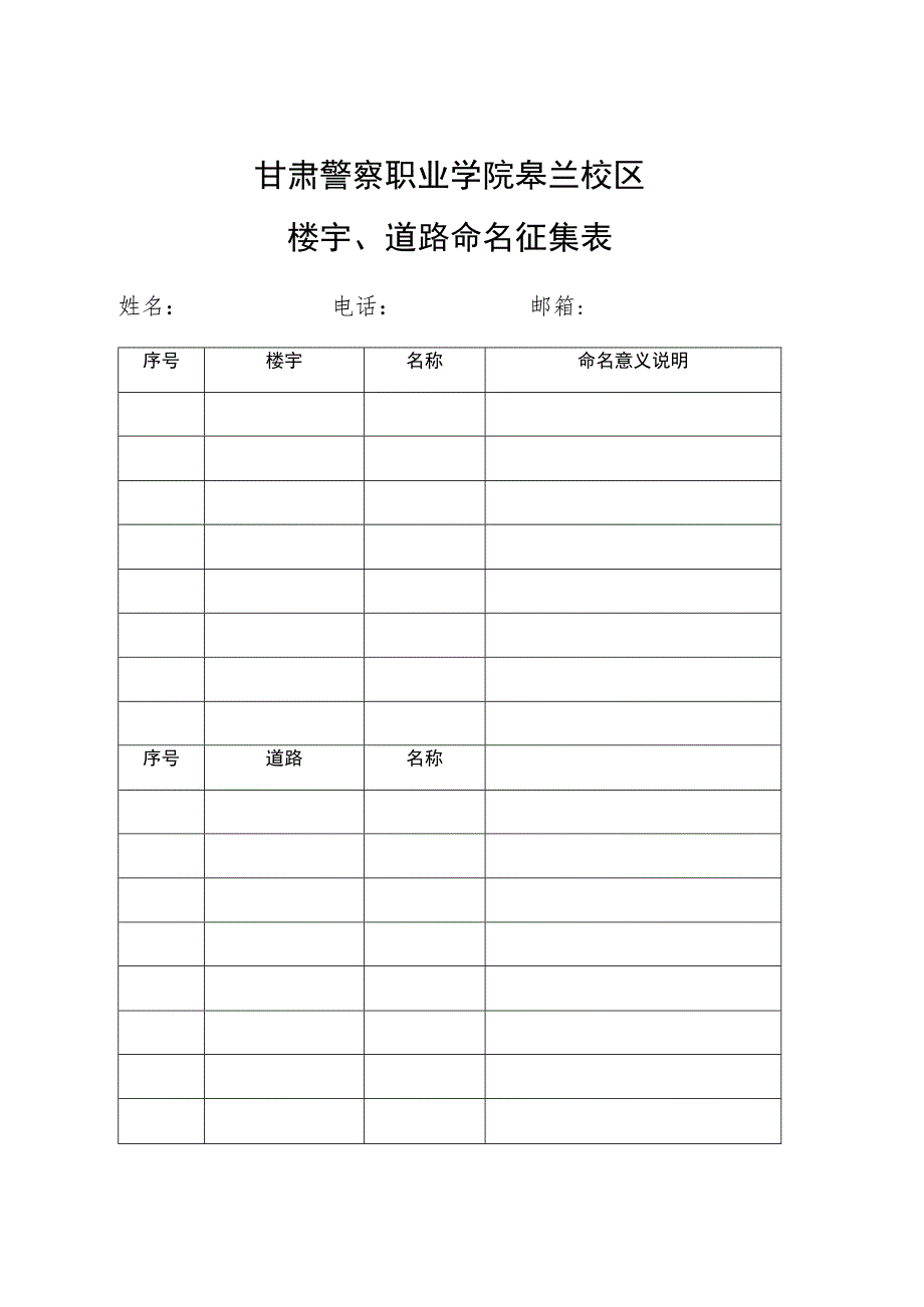 甘肃警察职业学院皋兰校区楼宇、道路命名征集表.docx_第1页