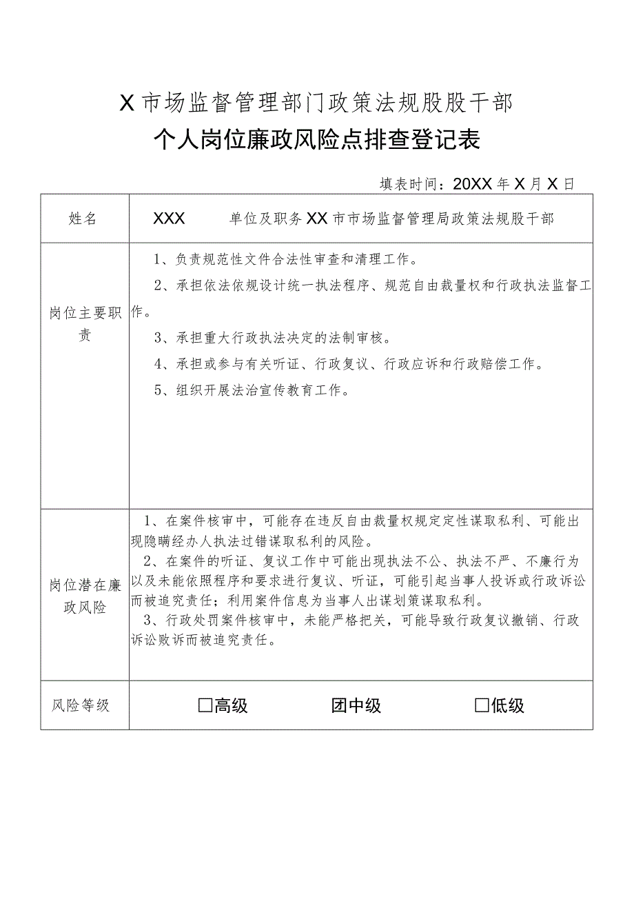 X县市场监督管理部门政策法规股干部个人岗位廉政风险点排查登记表.docx_第1页