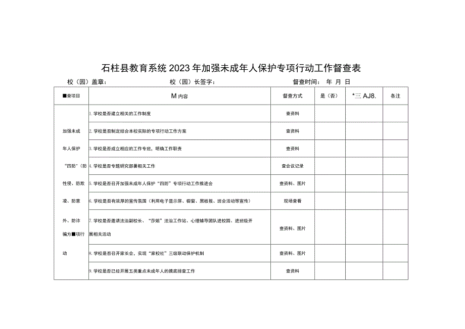 石柱县教育系统2023年加强未成年人保护专项行动工作督查表.docx_第1页