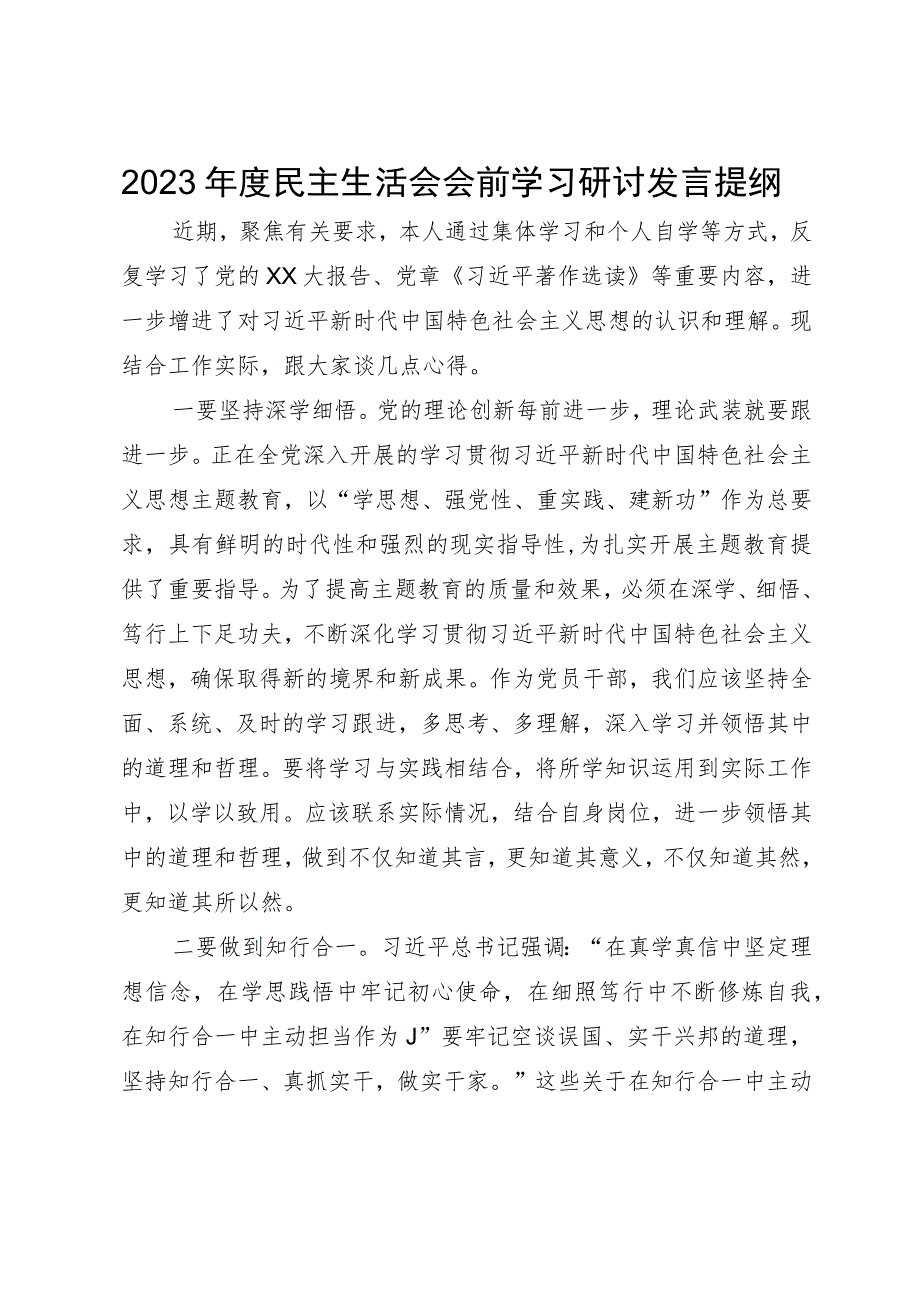 2023年度民主生活会会前学习研讨发言提纲.docx_第1页