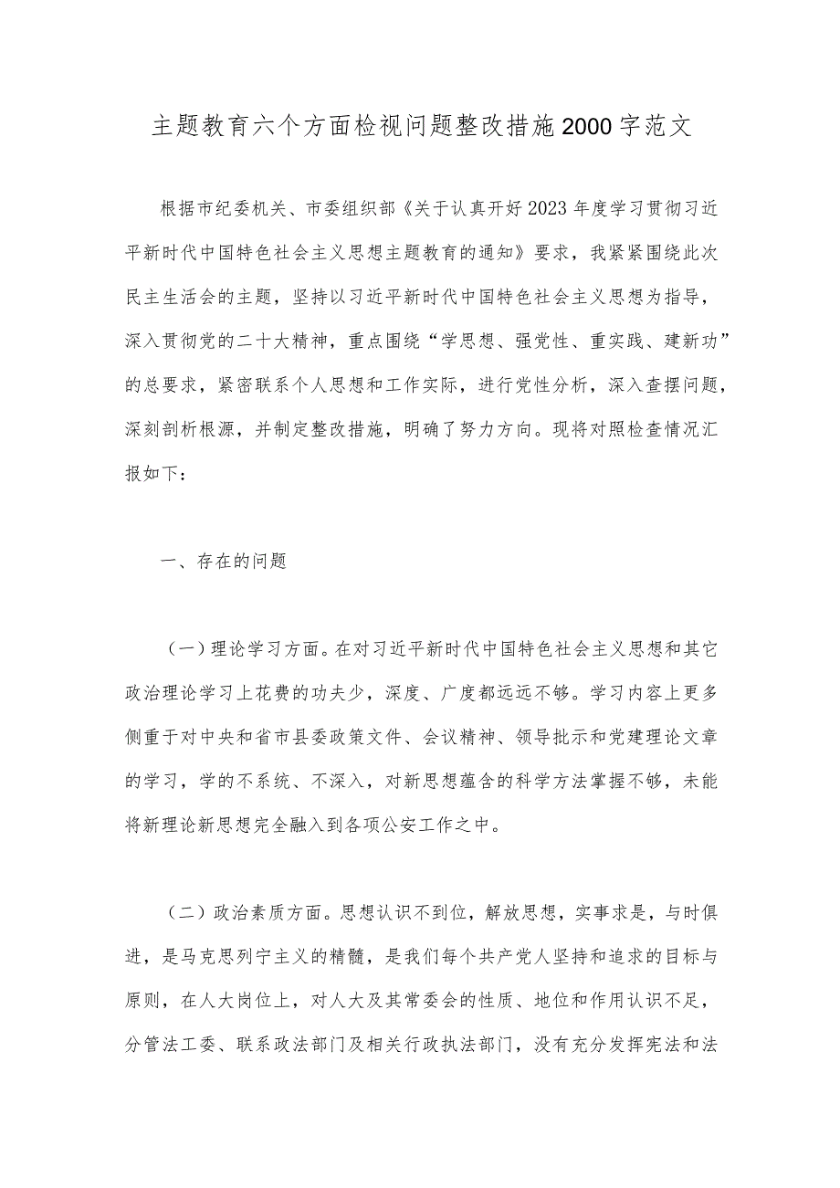 主题教育六个方面检视问题整改措施2000字范文.docx_第1页