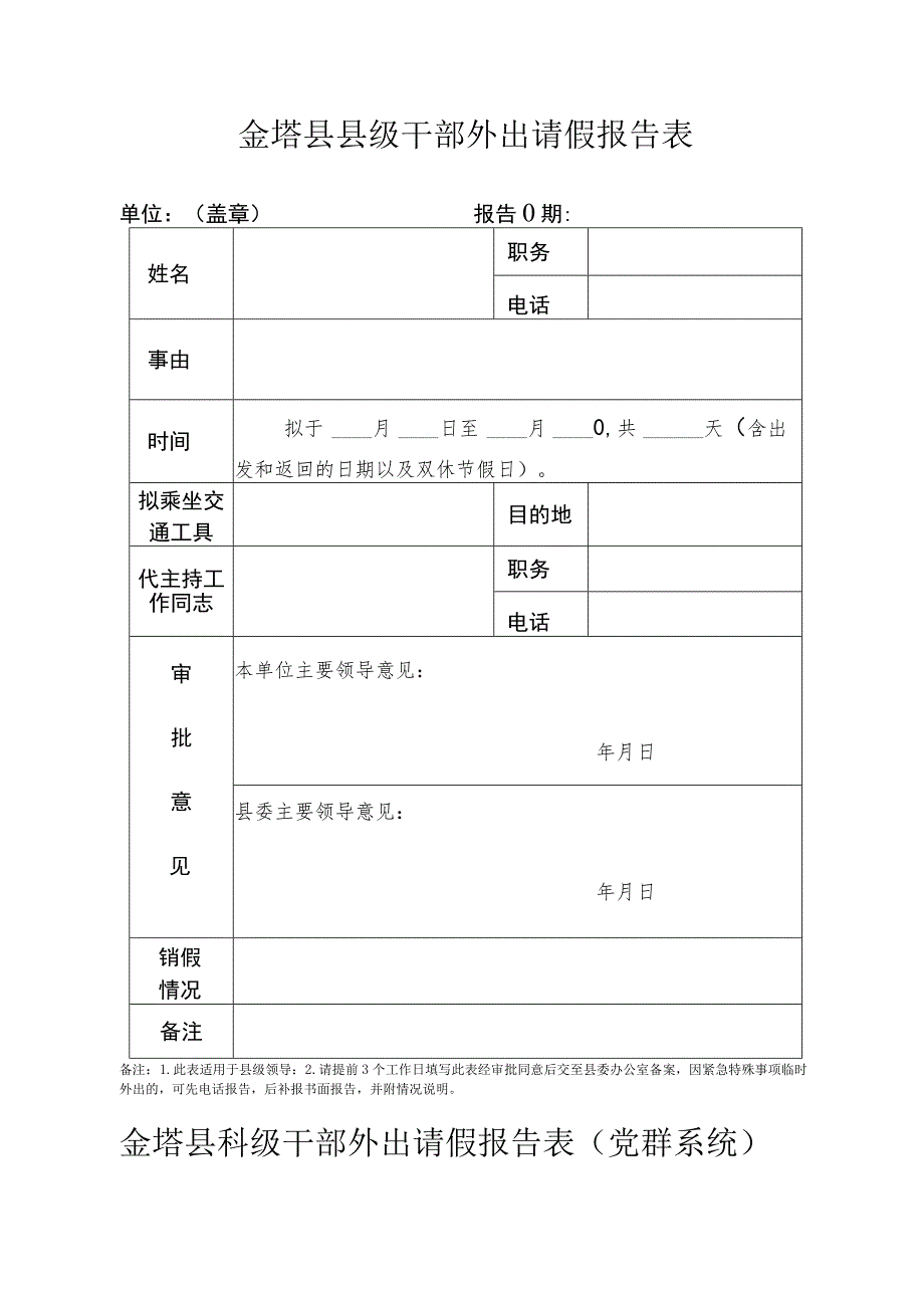 金塔县县级干部外出请假报告表.docx_第1页