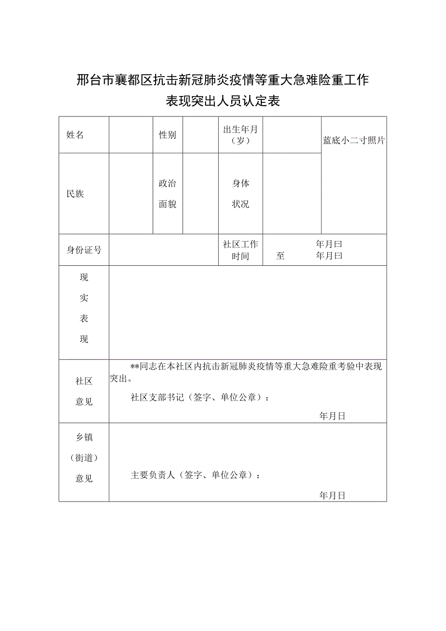 邢台市襄都区抗击新冠肺炎疫情等重大急难险重工作表现突出人员认定表.docx_第1页