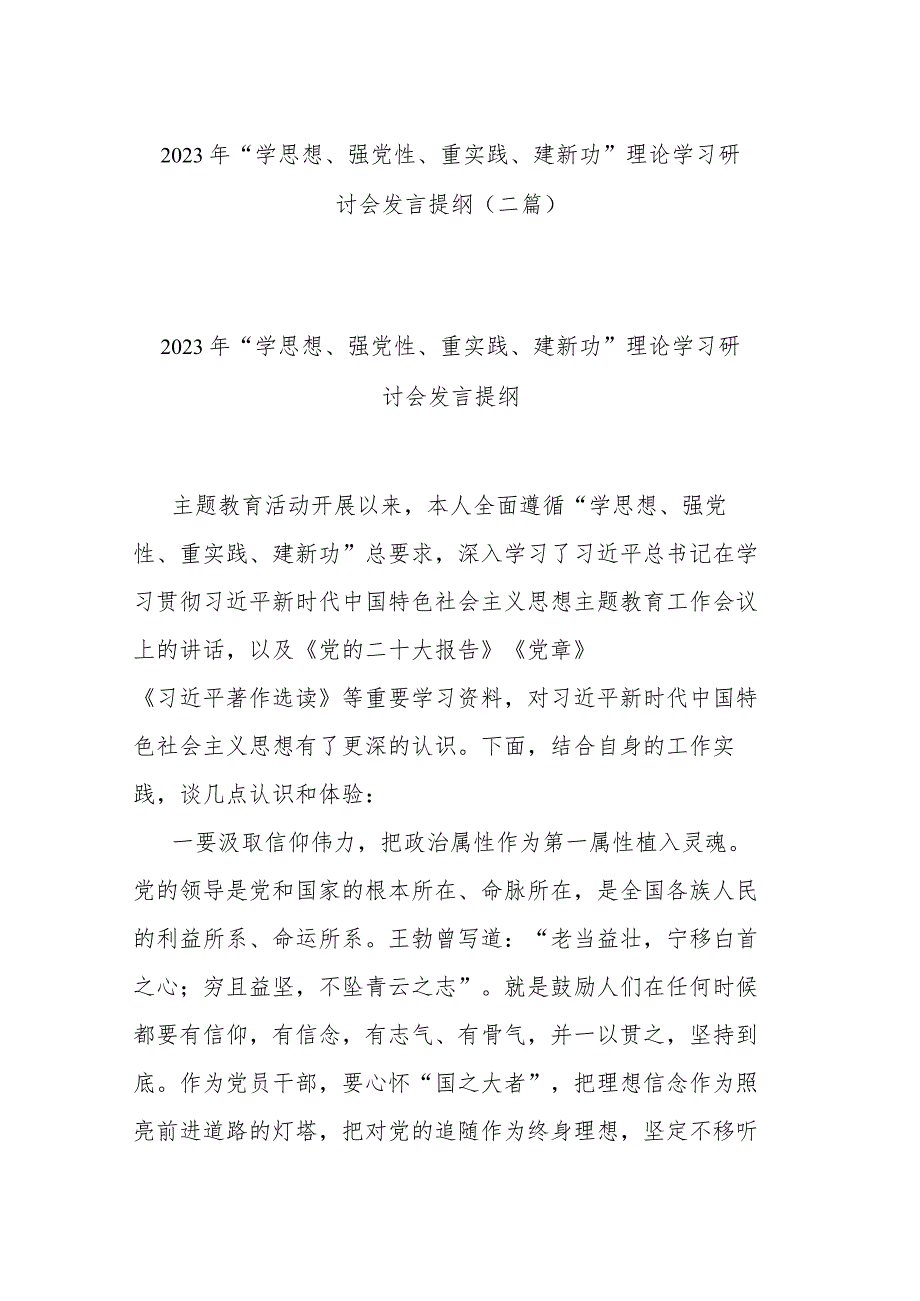 2023年“学思想、强党性、重实践、建新功”理论学习研讨会发言提纲(二篇).docx_第1页