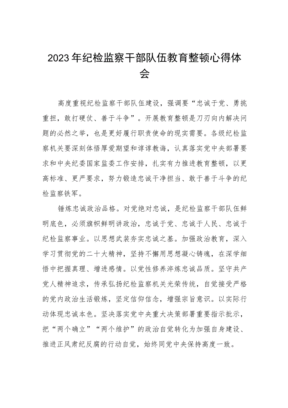 2023纪检监察干部队伍教育整顿心得体会研讨发言稿(九篇).docx_第1页