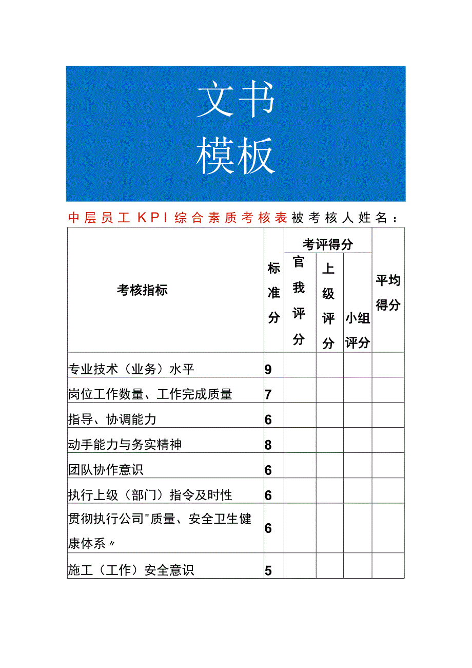 车间领班、组长KPI综合素质考核表.docx_第1页