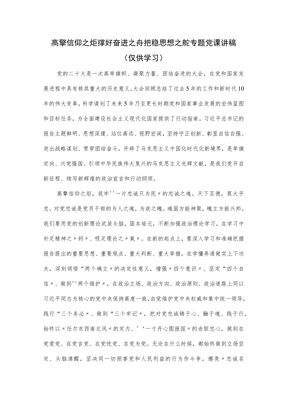 高擎信仰之炬撑好奋进之舟把稳思想之舵专题党课讲稿.docx_第1页