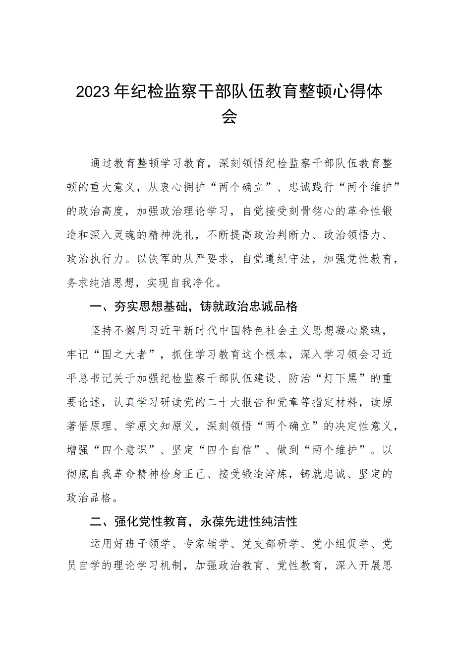 关于2023年纪检监察干部队伍教育整顿活动心得体会(九篇).docx_第1页