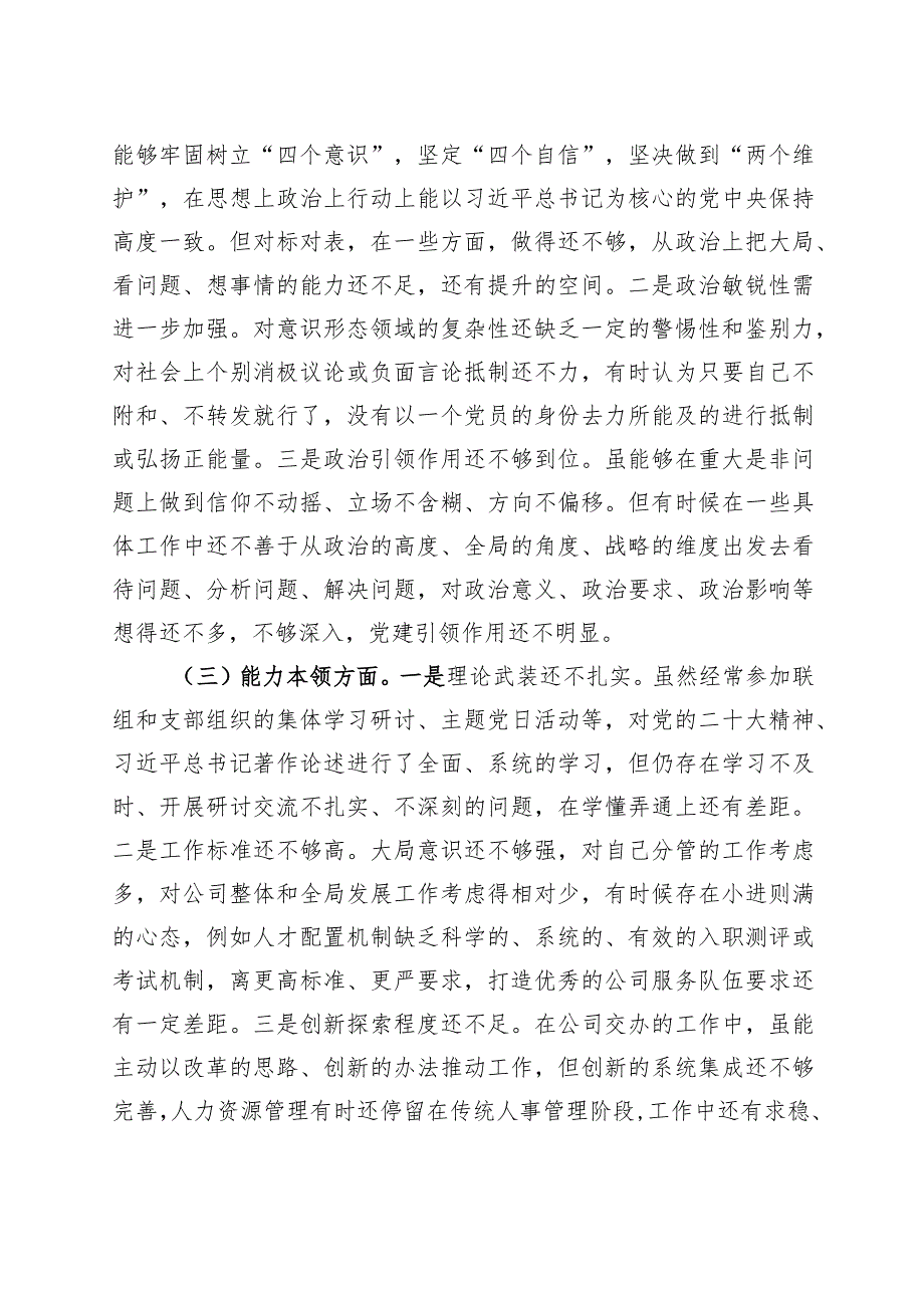 国有企业分管领导2023年主题教育专题民主生活会个人对照检查材料（学习、素质、能力、担当作为、作风检视剖析发言提纲公司组织六个方面自查.docx_第2页