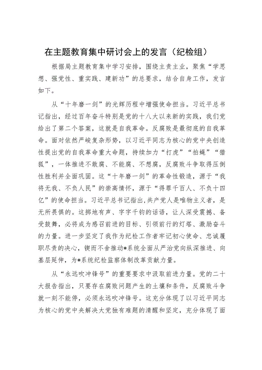 在主题教育集中研讨会上的发言（纪检组）.docx_第1页