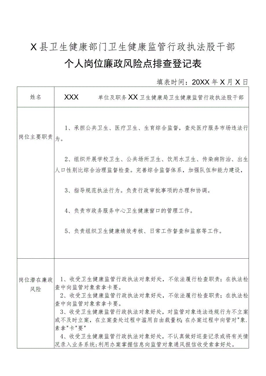 X县卫生健康部门卫生健康监管行政执法股干部个人岗位廉政风险点排查登记表.docx_第1页