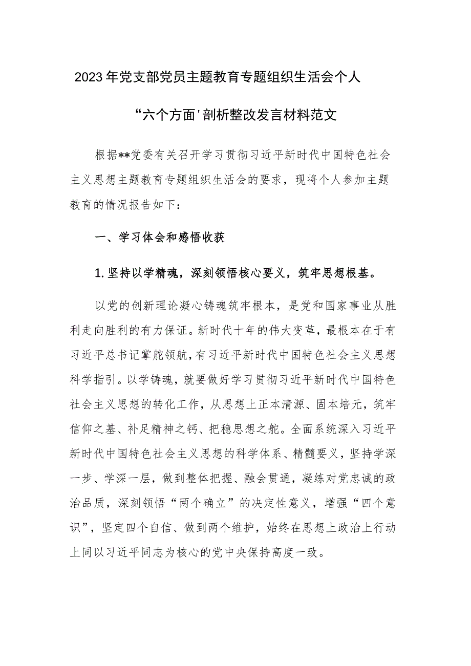 2023年党支部党员主题教育专题组织生活会个人“六个方面”剖析整改发言材料范文.docx_第1页