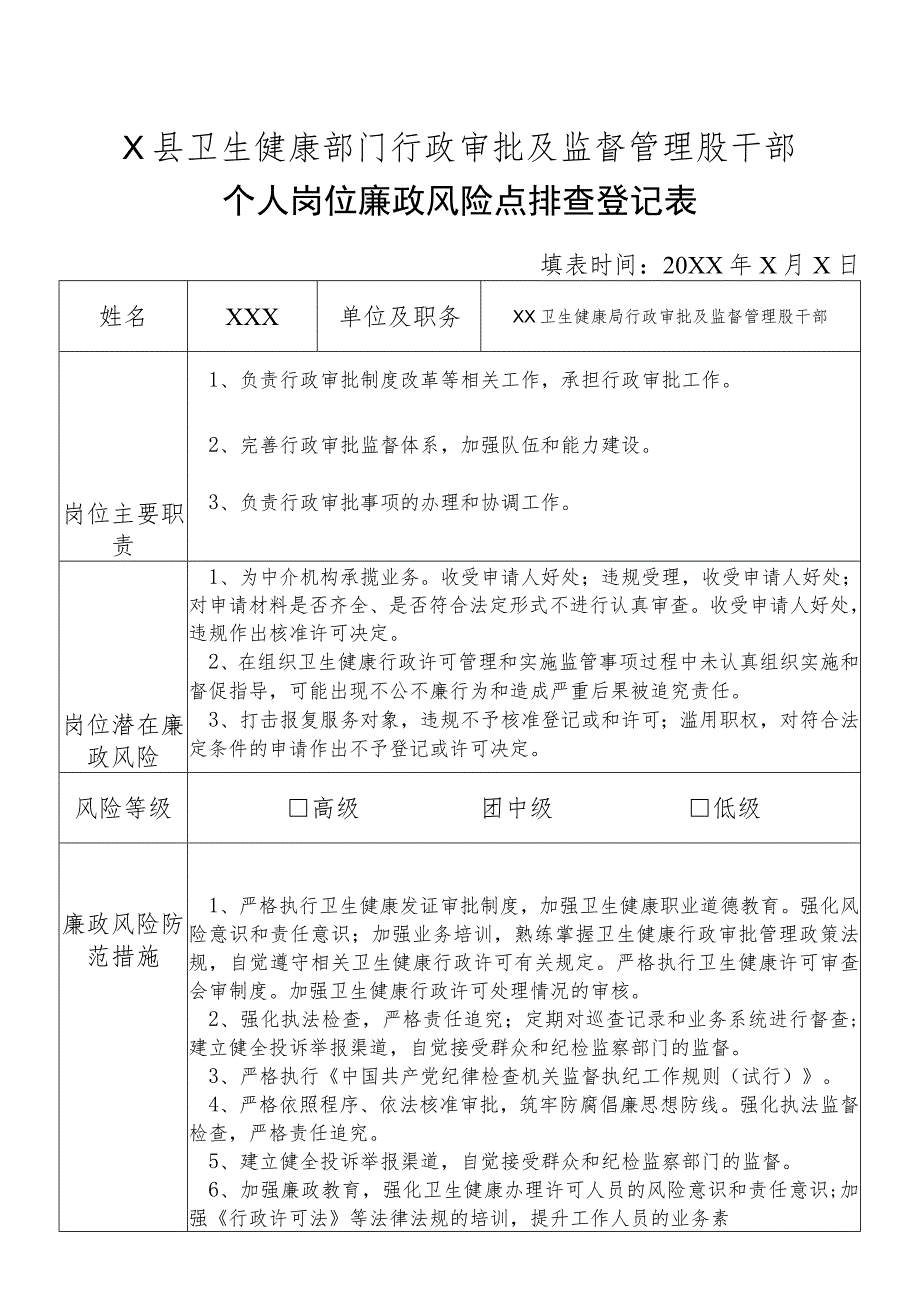 X县卫生健康部门行政审批及监督管理股干部个人岗位廉政风险点排查登记表.docx_第1页