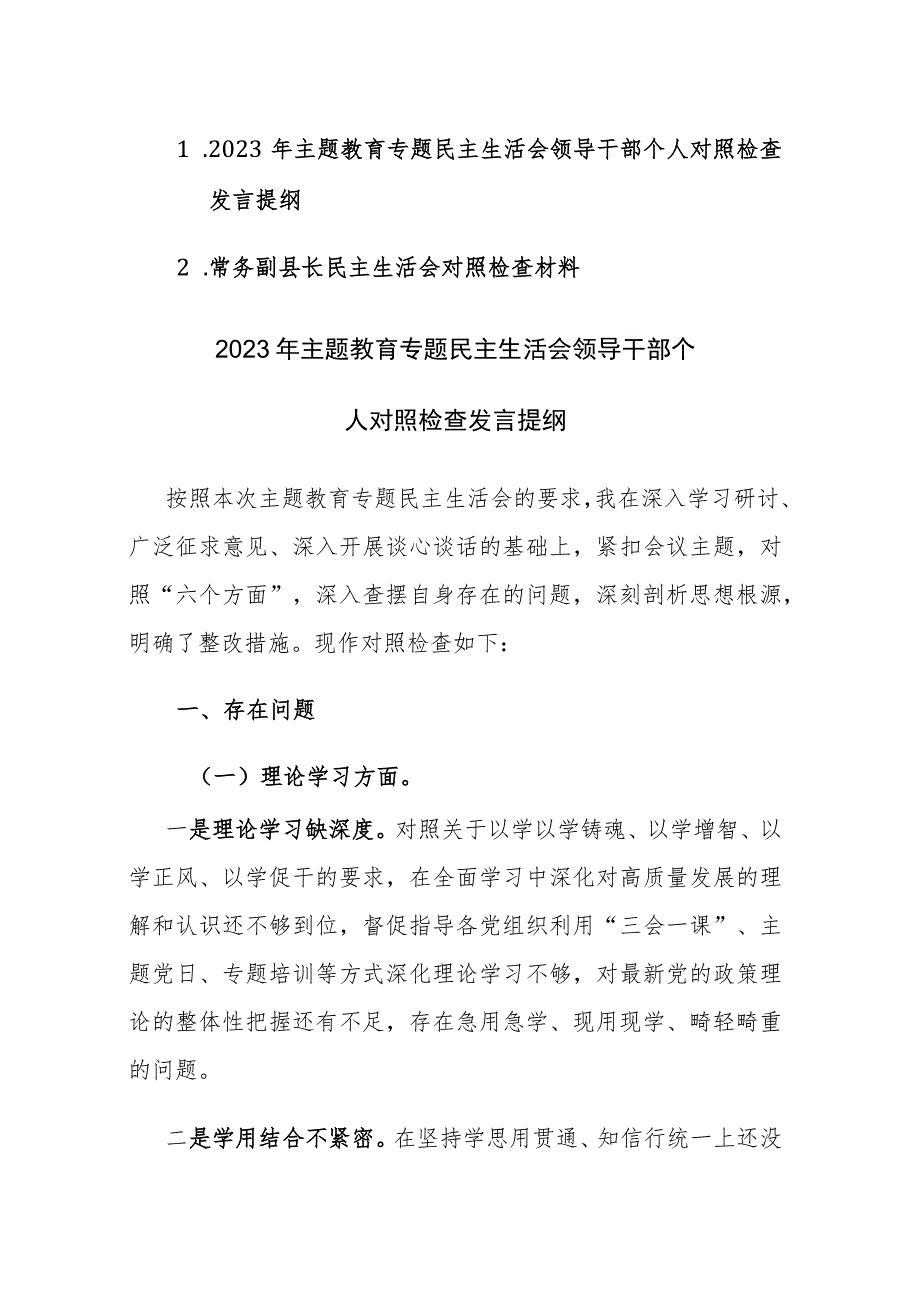 领导干部2023年主题教育专题民主生活会个人（六个方面）对照检查发言提纲范文2篇.docx_第1页